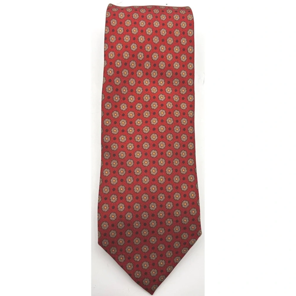 H. Stockton Men's 100% Silk Necktie Red Geometric Medallion Print Made in Italy